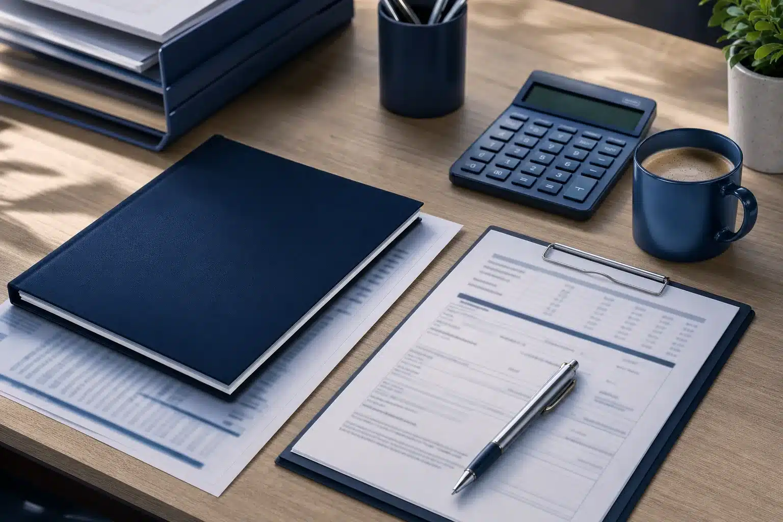 Underwriter's desk with a navy folder, a financial statement, a government form on a clipboard and a calculator
