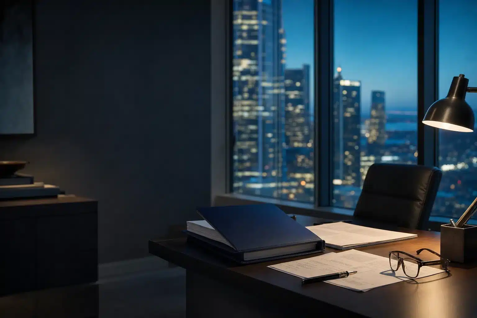 Underwriter desk with an open navy file, application pages, pen and glasses at dusk