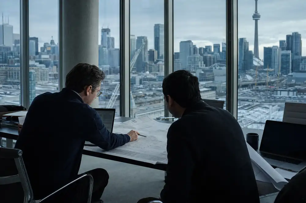 Engineer and consultant reviewing plans in a Toronto office overlooking the city