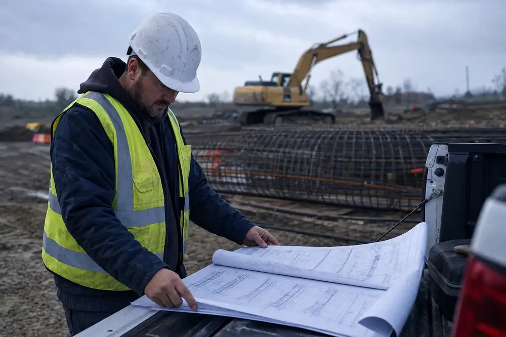 Site superintendent reviewing construction drawings on a pickup tailgate at a civil project
