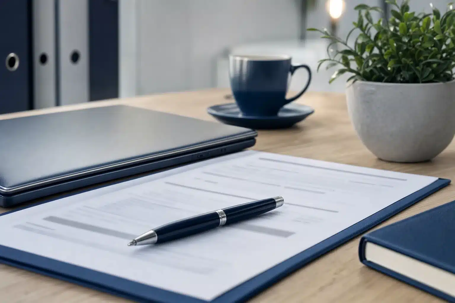 Insurance application form, pen and laptop on an underwriter desk
