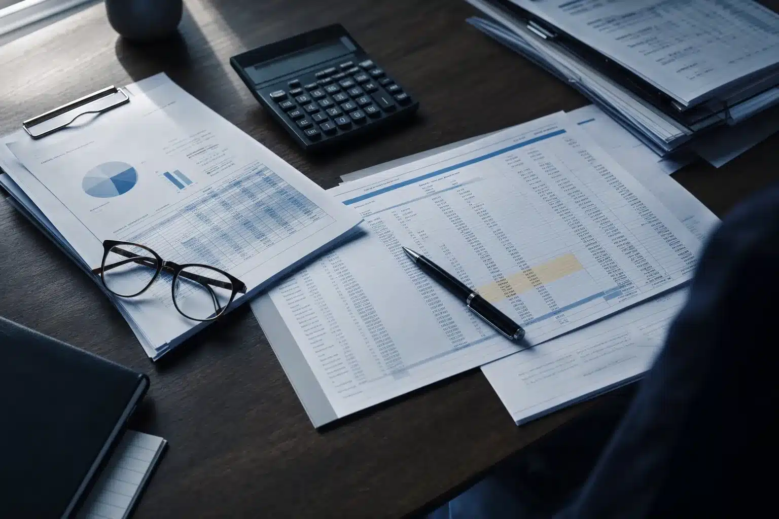 Contractor financial statements and a work-in-progress schedule on an underwriter's desk